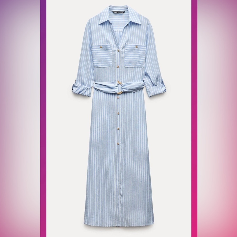 NWT ZARA Striped Blue Linen Shirt Dress Size XS